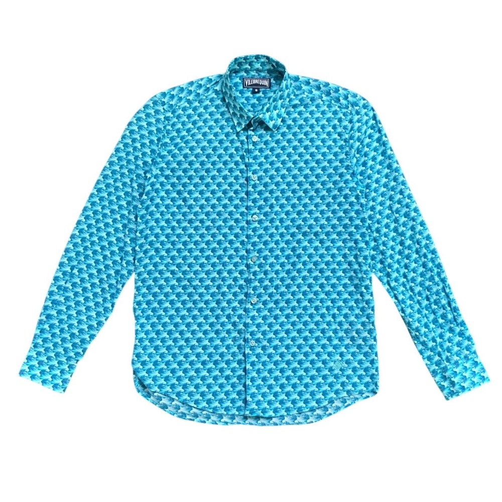 Vilebrequin Blue Ocean Wave Print Cotton Resort Long Sleeve Shirt Men's Size S